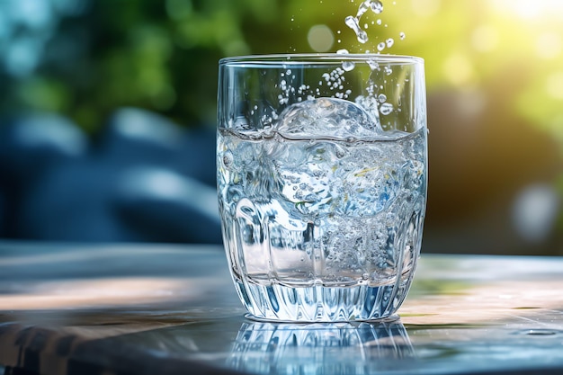 A glass of water with ice and a splash