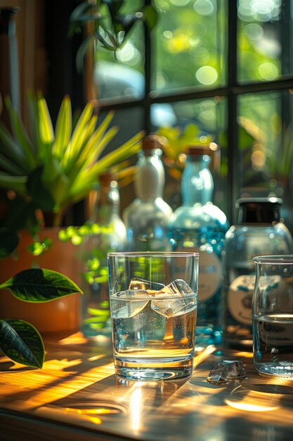 Glass of water with ice on wooden table in sunny room