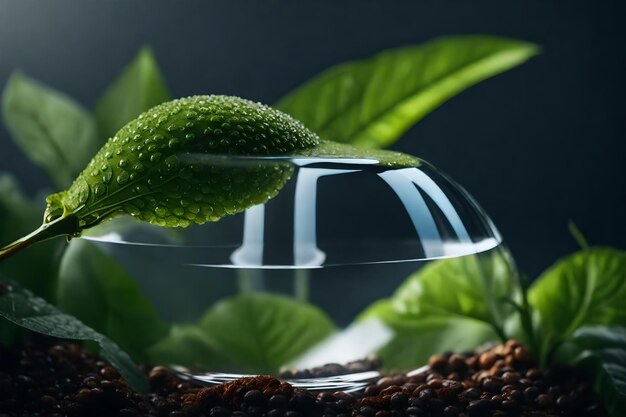 A glass of water with a leaf on it