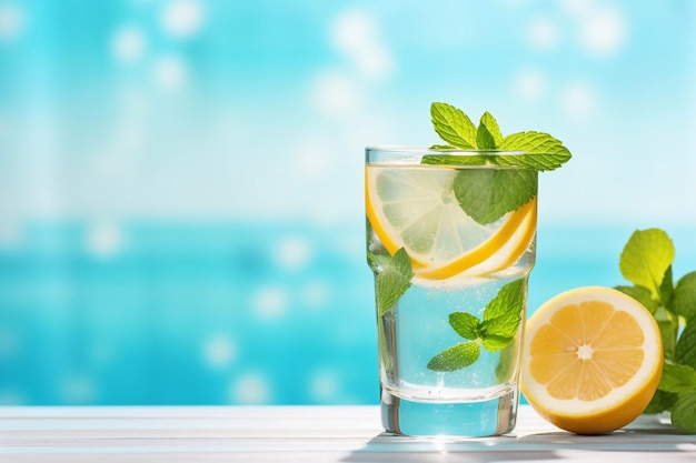 glass of water with lemon and ice and mint on blue background and white table