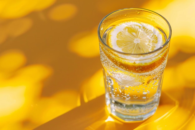 Glass of water with lemon and ice on yellow