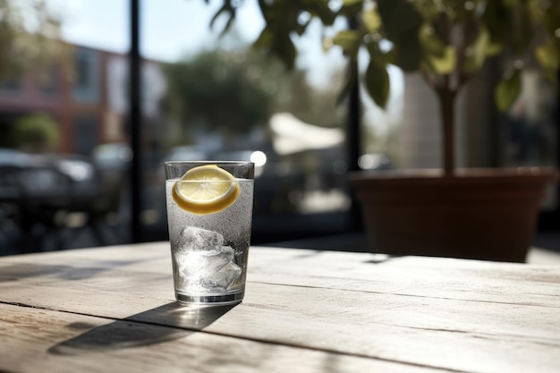 A glass of water with a lemon on it