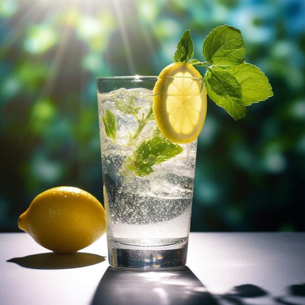 a glass of water with a lemon and a lemon on it