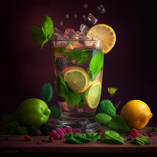 A glass of water with a lemon, lime, and mint leaves on it.