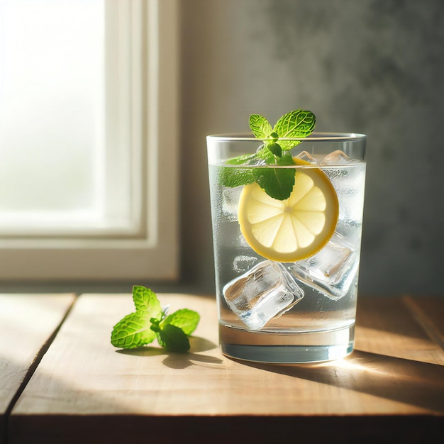 a glass of water with a lemon and mint leaves on it