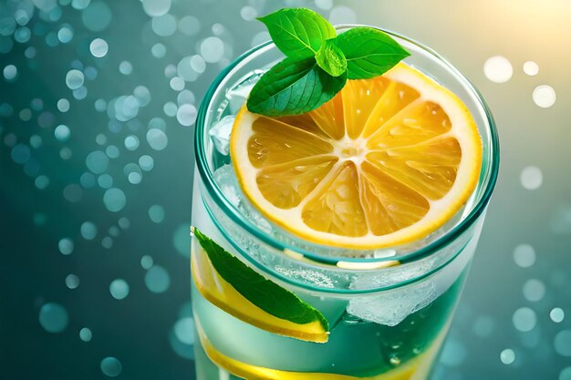 A glass of water with a lemon and mint leaves on it