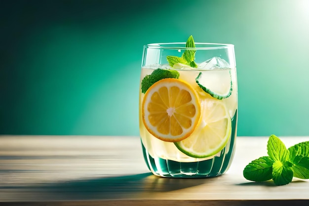 a glass of water with a lemon and mint leaves on it.