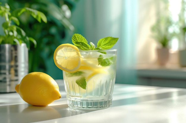 Glass of water with lemon and mint Refreshment drink Generative AI