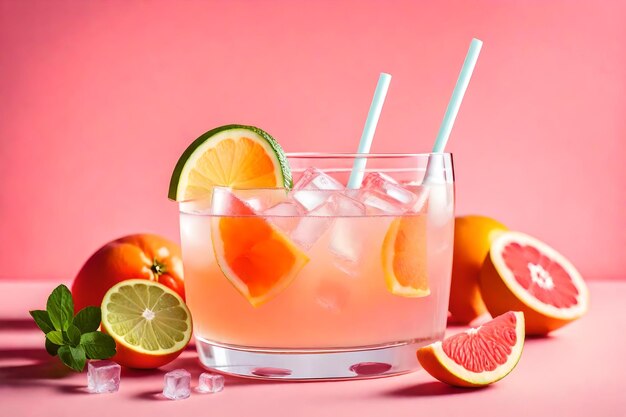 A glass of water with a lemon and orange slices