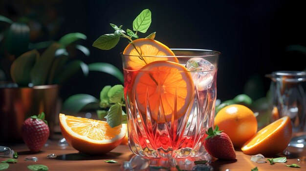 a glass of water with a lemon and oranges on it