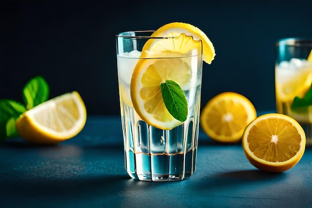 a glass of water with lemon slices and a green leaf.