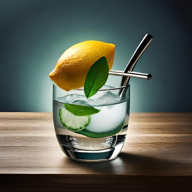 A glass of water with lemon slices and limes on a wooden table.