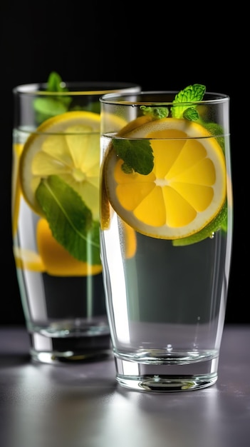A glass of water with lemon slices and mint on it.