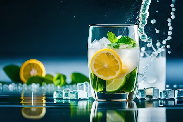 A glass of water with lemon slices and mint leaves