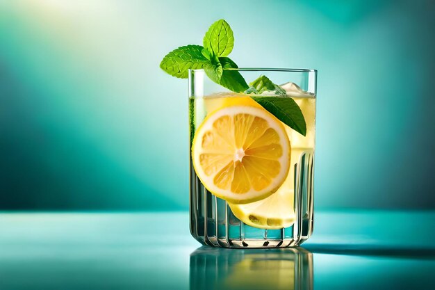 a glass of water with lemon slices and mint leaves.