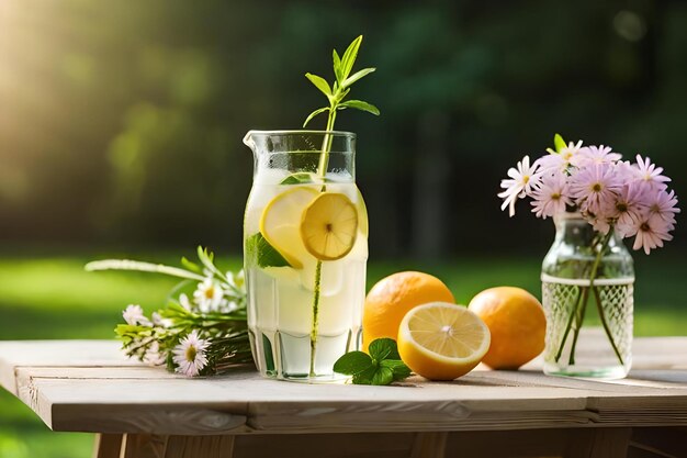 A glass of water with lemons and flowers.