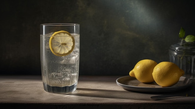 A glass of water with lemons on it