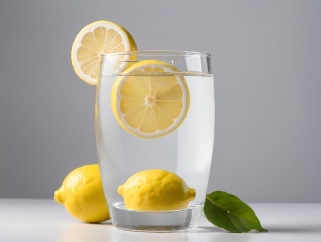 A Glass Of Water With Lemons And Leaves