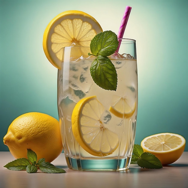 a glass of water with lemons and mint leaves