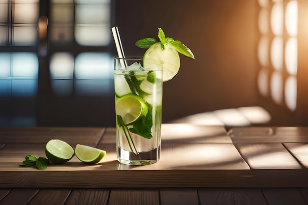 A glass of water with lime and mint leaves.