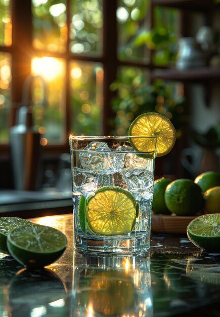 Glass of water with lime on the table