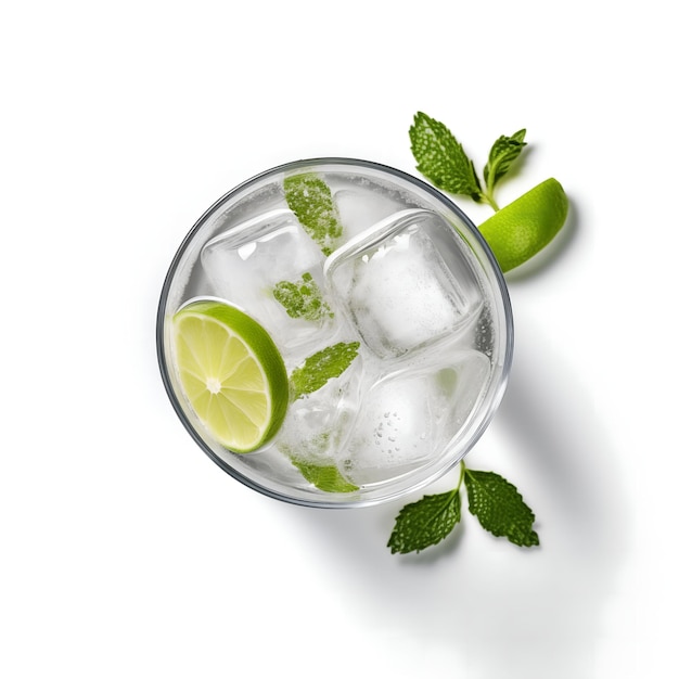 A glass of water with a lime wedge and a few mint leaves floating on top isolated on white top wiew