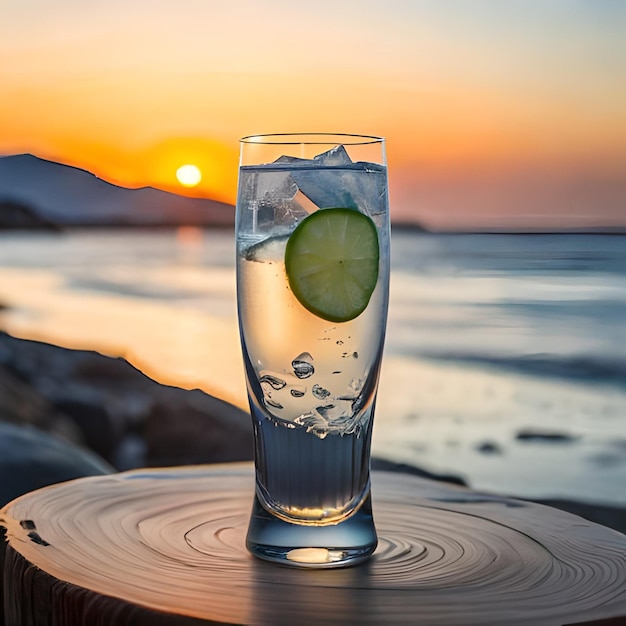 A glass of water with a lime wedge in it