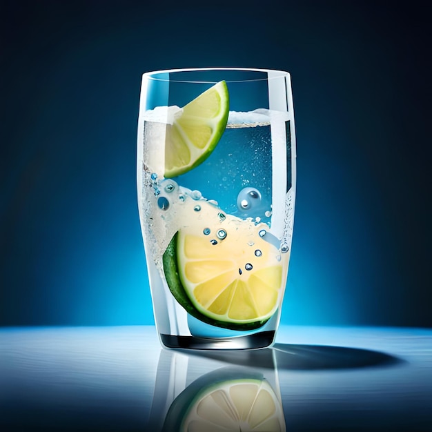 A glass of water with limes and a blue background.