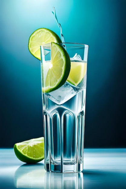 A glass of water with limes on it