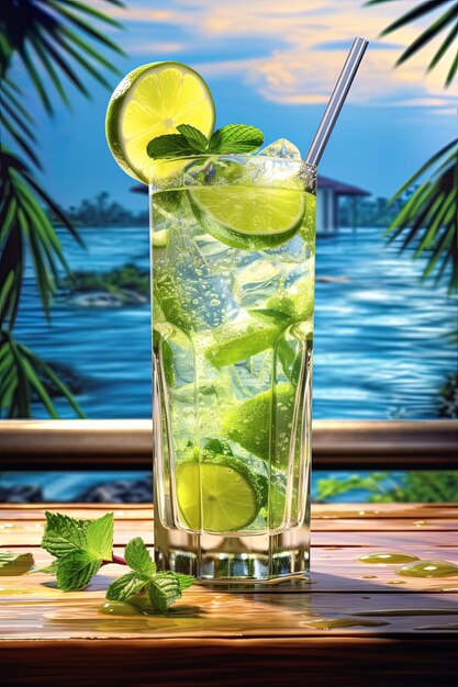 Photo a glass of water with limes and mint leaves