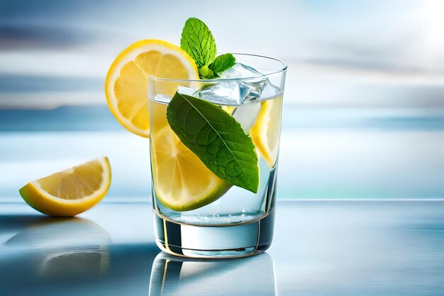 A glass of water with a mint leaf on it