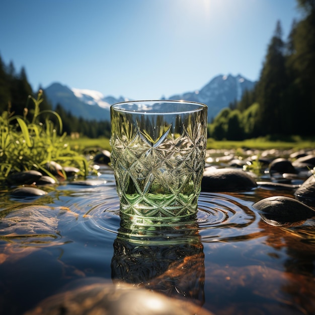 A glass of water with a mountain in the background