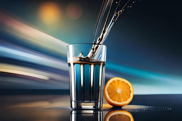 a glass of water with orange juice being poured into it.