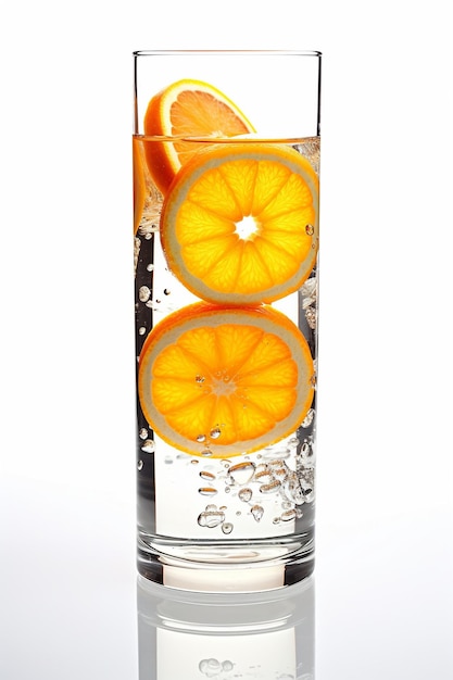 A glass of water with orange slices on it