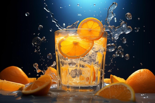 a glass of water with orange slices and orange slices