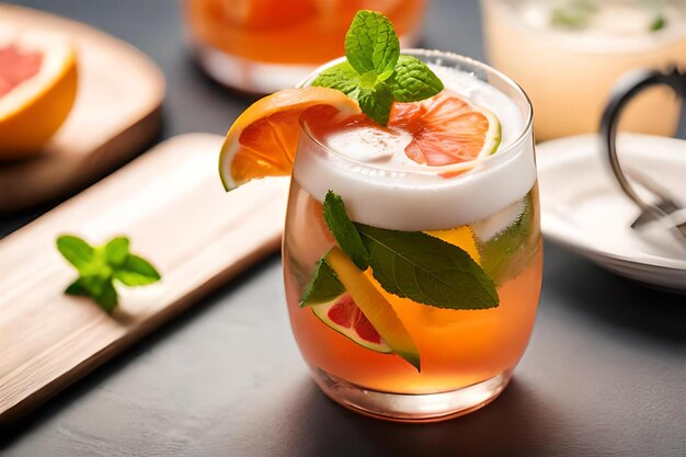 a glass of water with oranges and mint leaves on it