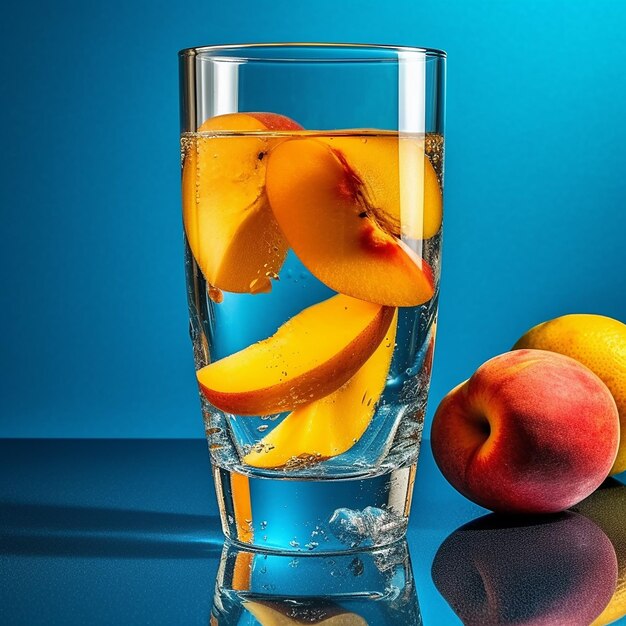 A glass of water with peaches on it