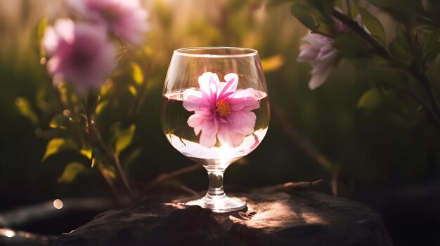 A glass of water with a pink flower in it