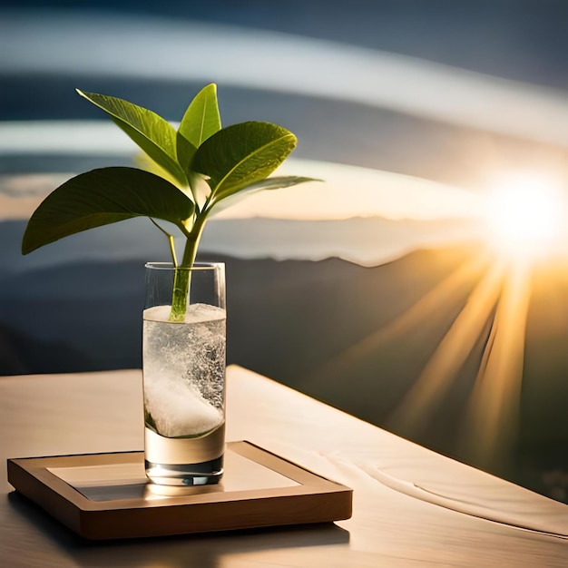 A glass of water with a plant growing out of it