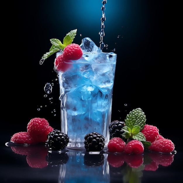 A glass of water with a raspberry flavor drink and water splashing Blue on it