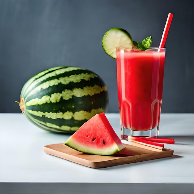 A glass of water with a red straw next to a watermelon.