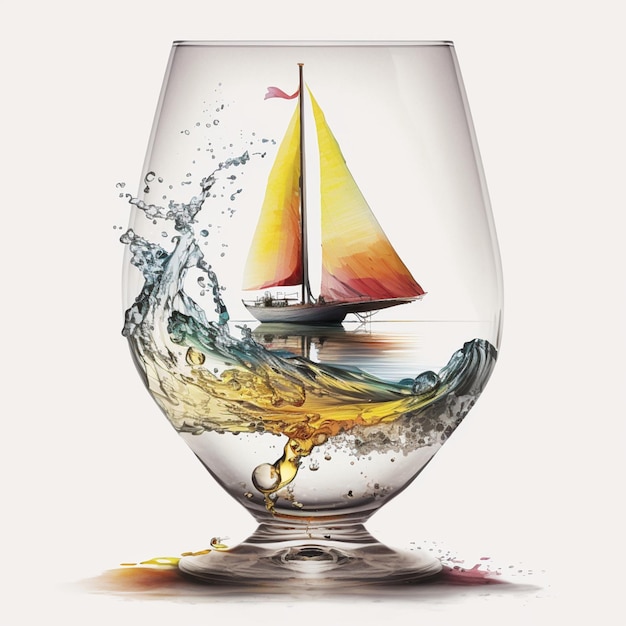 A glass of water with a sailboat on it.