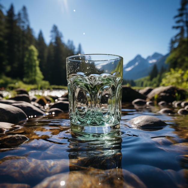 Стакан воды с черепом стоит в ручье.