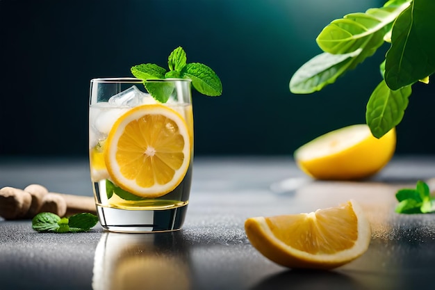 a glass of water with a slice of lemon and mint leaves.