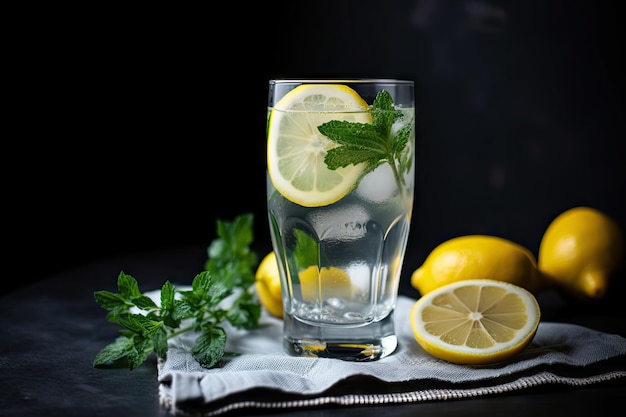 Photo glass of water with slice of lemon and sprigs of mint created with generative ai