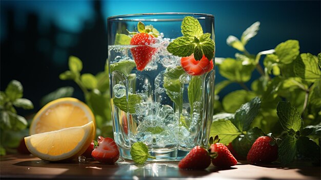 A glass of water with strawberries and an orange