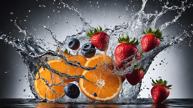 イチゴ、オレンジ、ブルーベリーが入ったコップ一杯の水のスプラッシュ画像生成 AI