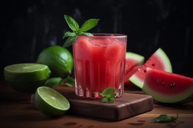 A glass of watermelon cocktail with mint leaves on a wooden board.