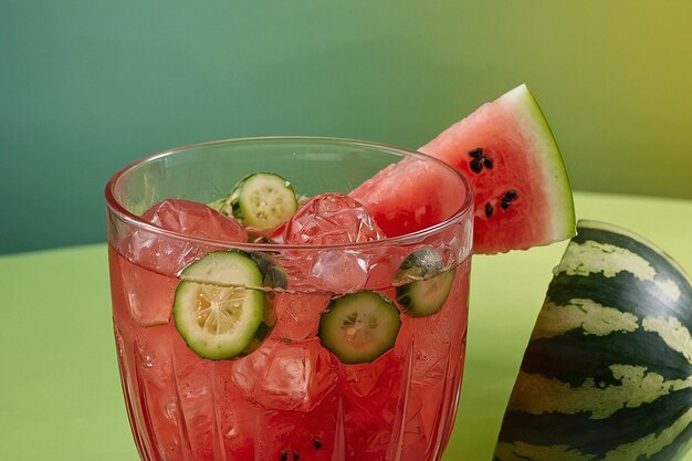A glass of watermelon cucumber lemonade with watermelo