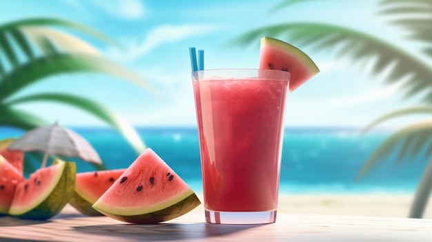 A glass of watermelon juice on a beach with a blue straw next to it